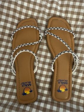Women's Tan Sandals with Black & White Strappy Accents